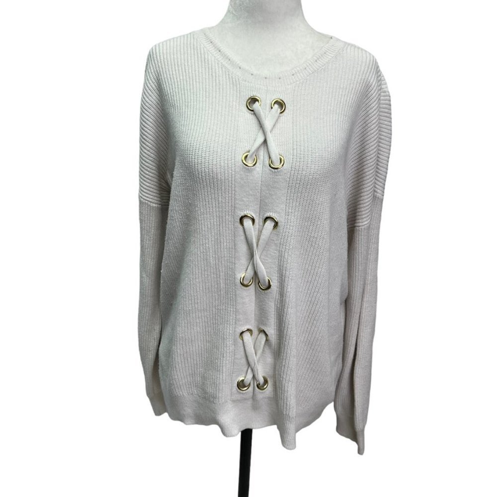 Michael Kors Cotton Blend Beige Lace Front Pullover Sweater Size L